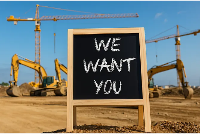 Bord met "We want you" op bouwwerf, uitnodiging om deel te worden van een groeiend familieverhaal.